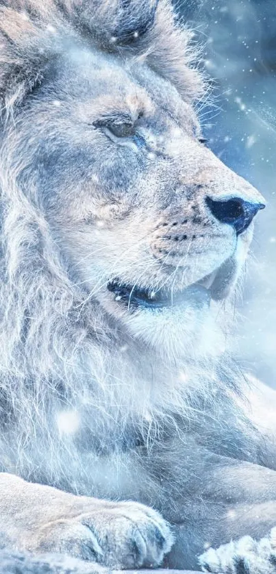 White lion in snow, serene and majestic, resting in winter setting.