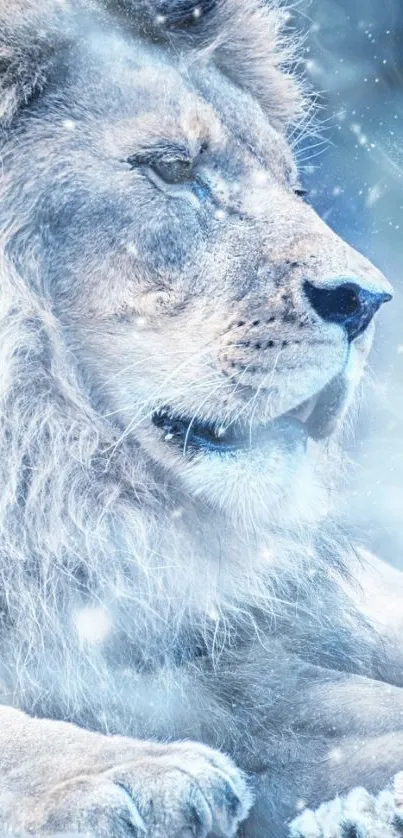 Majestic lion resting in a snowy landscape, surrounded by gentle snowflakes.