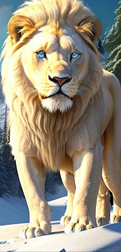 Snow lion with icy blue eyes in a serene winter landscape.