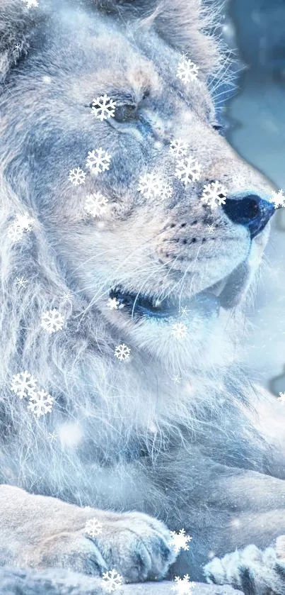 Majestic snow lion in an icy background with snowflakes.