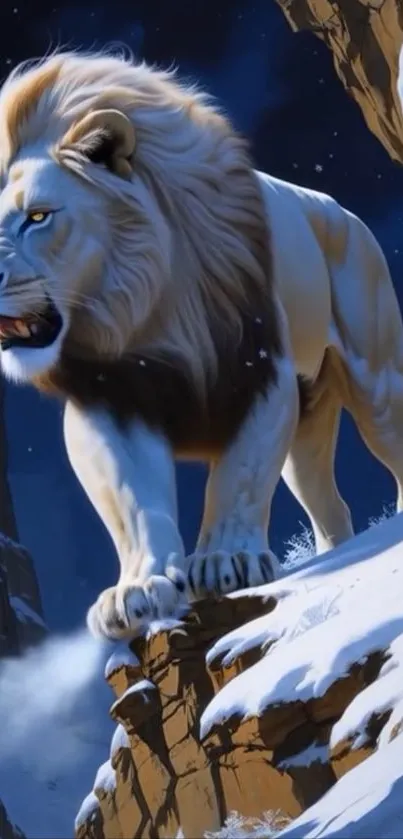 Majestic white lion on snowy mountain ledge