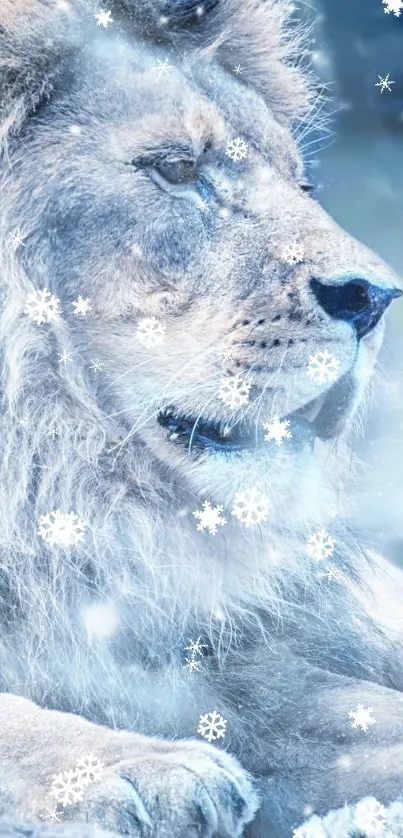 Majestic lion surrounded by delicate snowflakes.