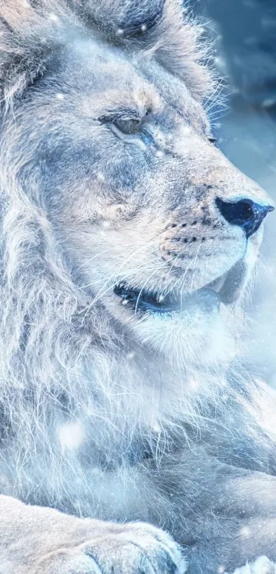 Majestic lion in a snowy setting with frost-covered surroundings.