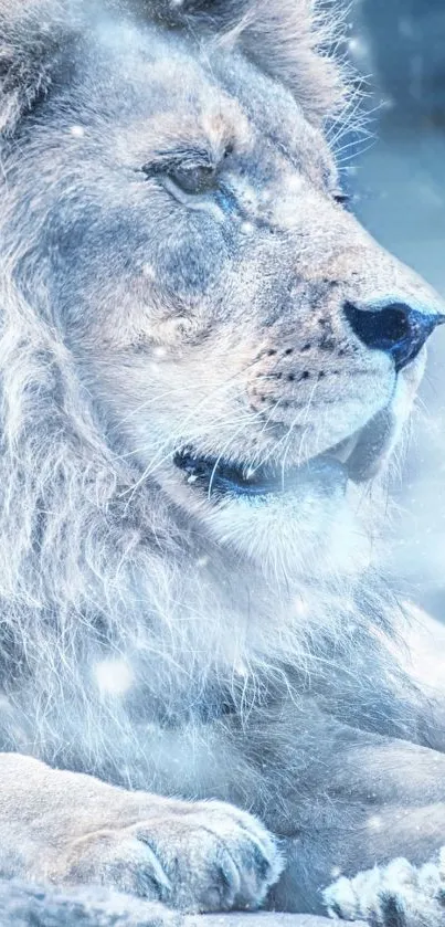 A majestic lion rests in a snowy landscape with icy blue tones.