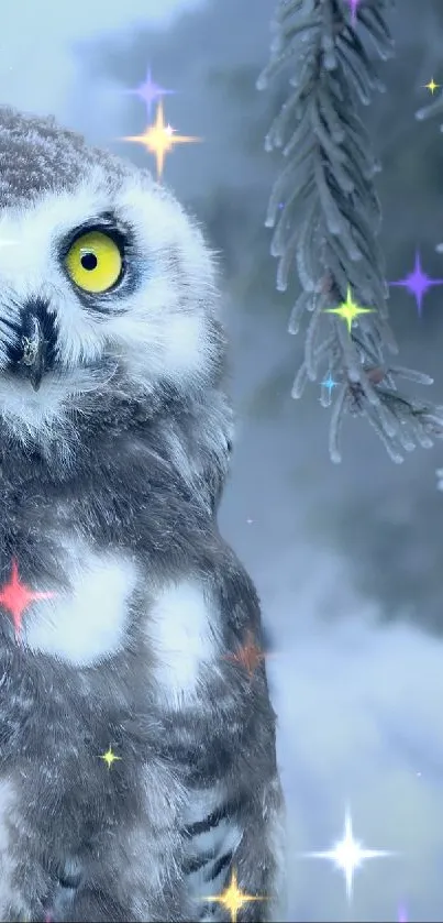 Snow owl with yellow eyes perched in a frosty winter forest.
