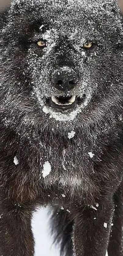 Majestic wolf in snow, staring intensely in a winter landscape.