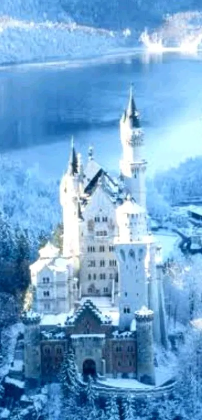 Majestic snowy castle with lake and forest background.