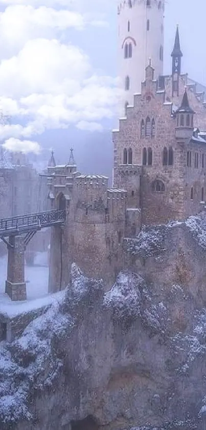 Majestic snowy castle perched on rocky cliff in a serene winter landscape.