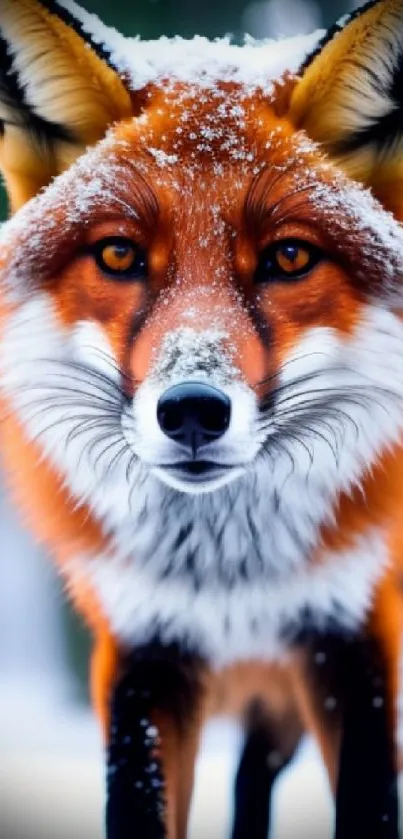 Majestic fox in a snowy forest, showcasing vivid orange fur and detailed features.