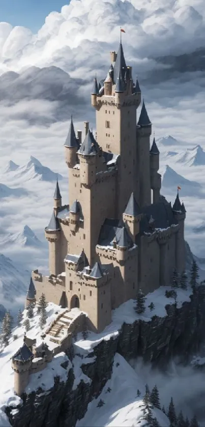 Majestic castle atop a snowy mountain with a blue sky backdrop.