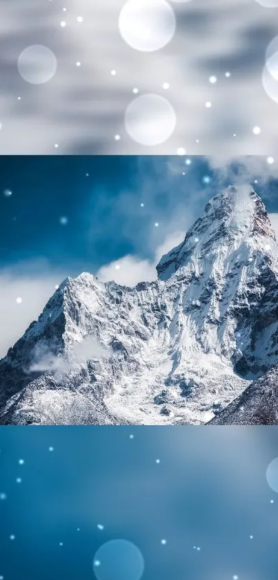 Majestic snowy peak in Himalayas under blue sky with bokeh effect foreground.