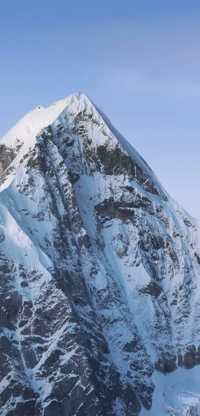 Majestic snowy mountain peak against a serene blue sky.