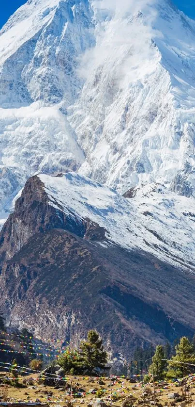 Majestic snowy mountain peaks with a clear blue sky backdrop.