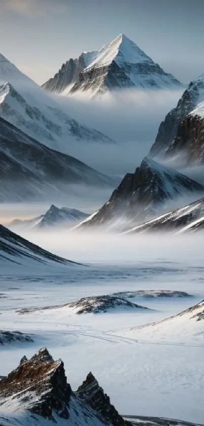 Majestic snowy mountains rise through misty clouds under soft light.