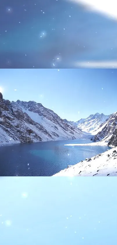 Snowy mountains with tranquil blue sky and lake.