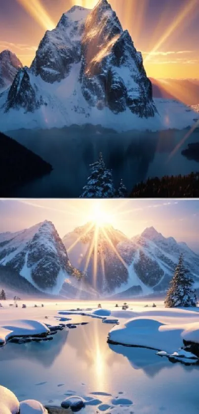 Snowy mountain landscape at sunrise with vibrant sun rays illuminating peaks.