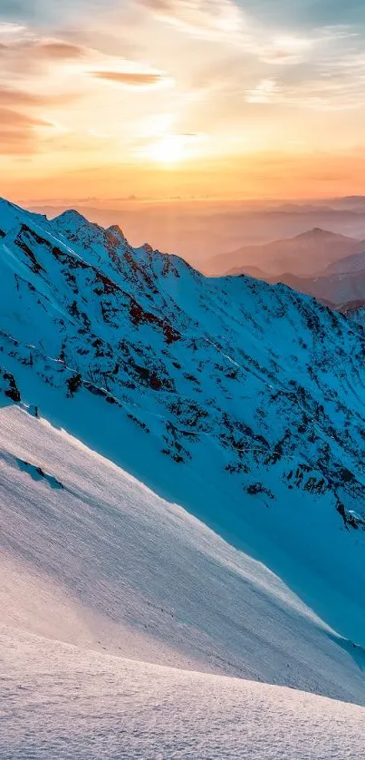 A majestic snowy mountain range at sunrise with vibrant sky and peaks.