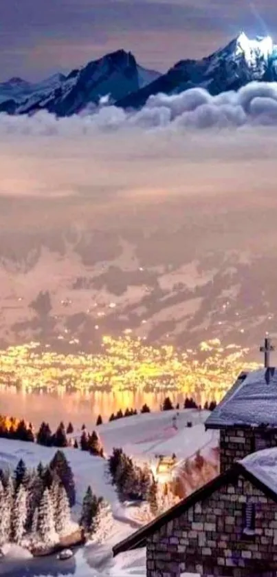 Snowy mountain view with glowing lights at dawn.