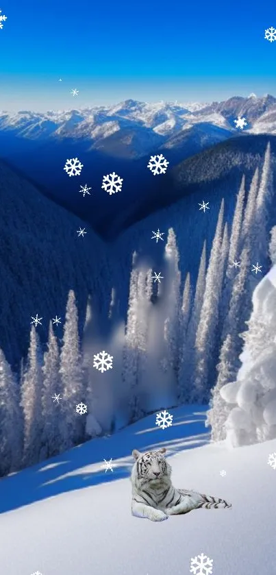 White tiger in snowy mountain landscape with falling snowflakes.