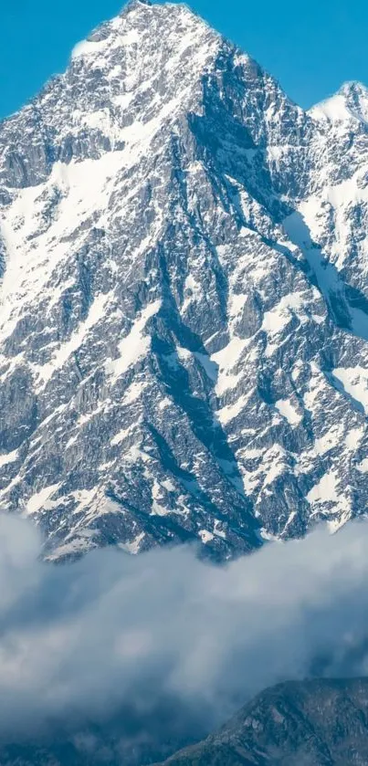 Majestic snow-covered mountain peak with blue sky.