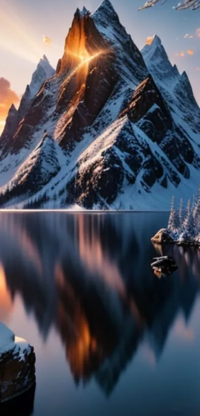 Snowy mountain reflected in a serene lake at sunset.