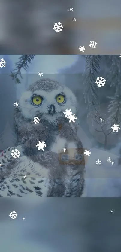 Snowy owl perched in a snowy forest with falling snowflakes.