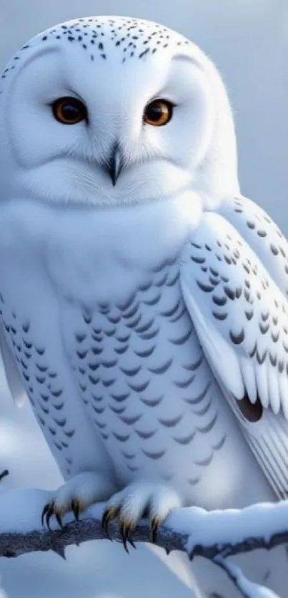 Majestic snowy owl perched on a snowy branch.