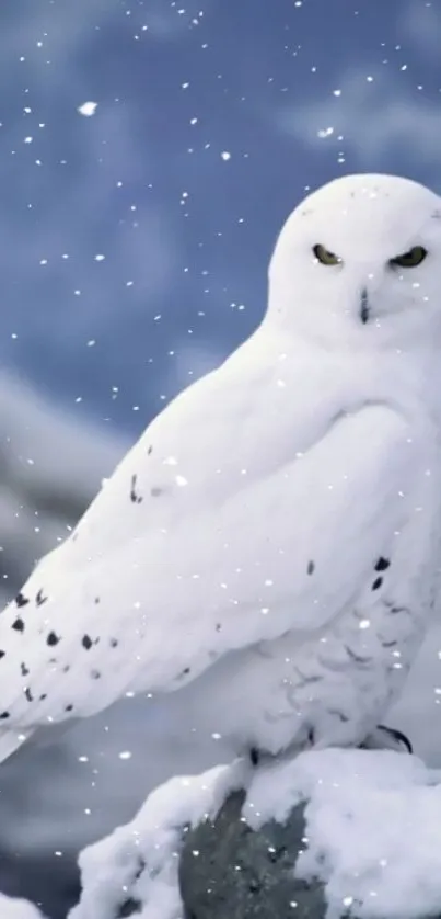 Majestic snowy owl perched in a serene snowy landscape with falling snowflakes.