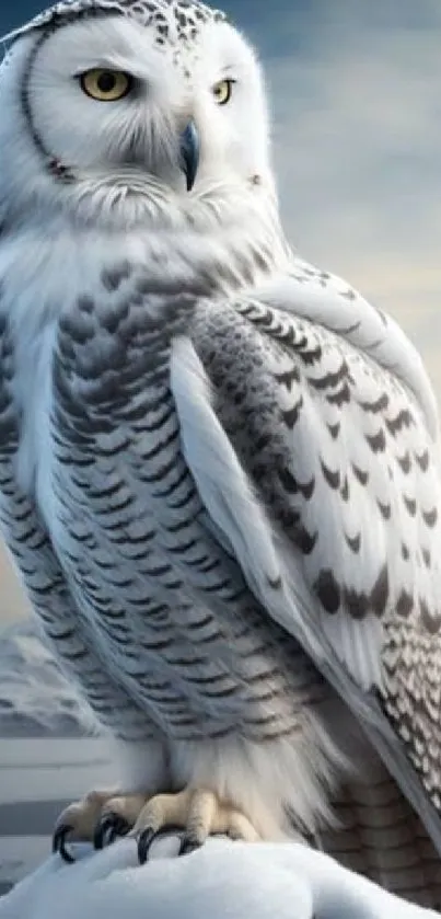 Majestic snowy owl perched, with detailed feathers.