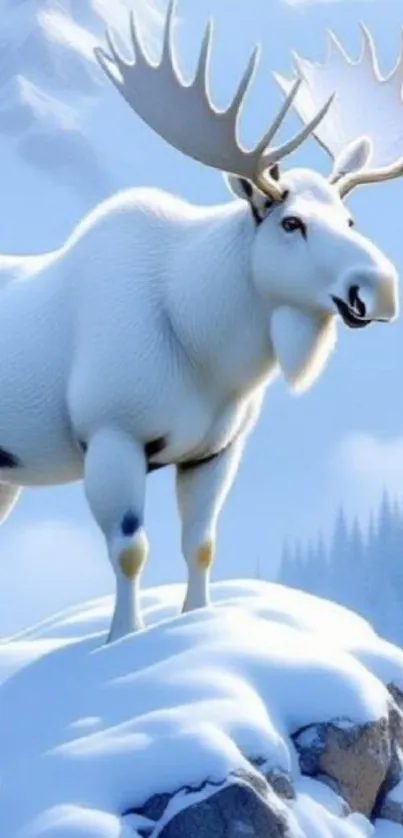 Snowy landscape with a majestic moose standing on a rock.