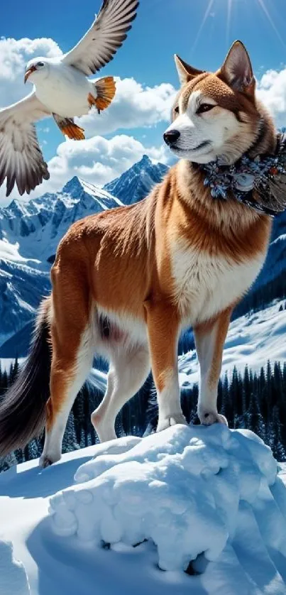 Dog standing on snowy peak with bird flying.