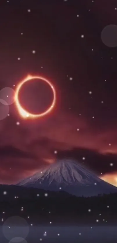 Majestic solar eclipse with mountain in a starry sky wallpaper.