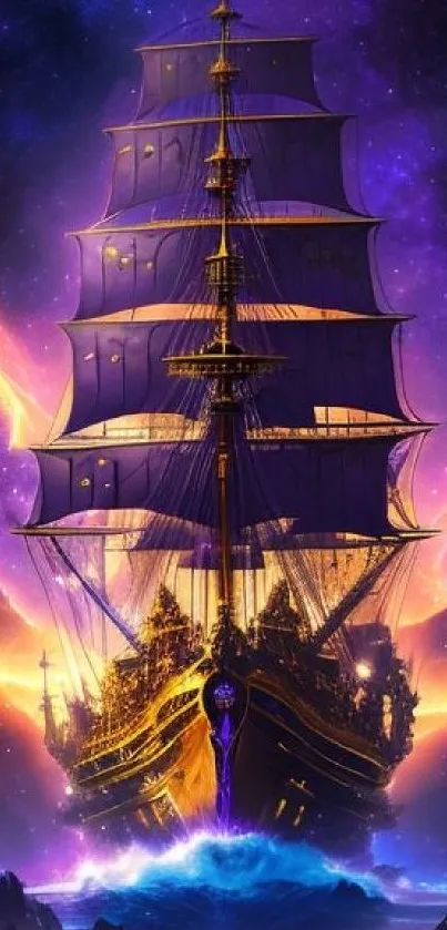 Majestic pirate ship sailing through a colorful galaxy with vibrant cosmic skies.