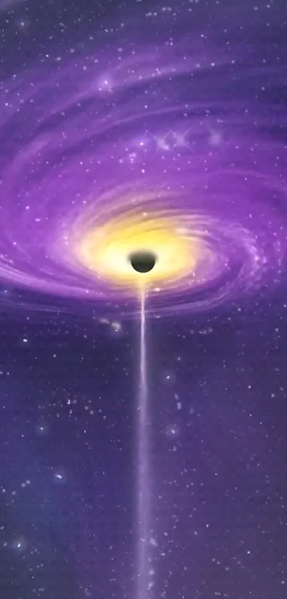 A purple space vortex with a central black hole on a mobile wallpaper.