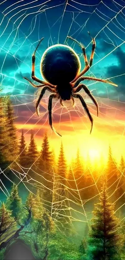 Spider on a web in a twilight forest with vibrant sunset colors.