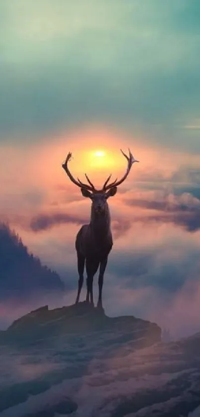 Silhouette of a stag against a vibrant sunset in a misty mountain landscape.