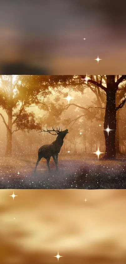 Majestic stag stands in sparkling, golden forest with atmospheric light.