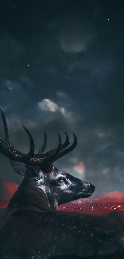 Majestic stag under a full moon with vibrant city lights below.