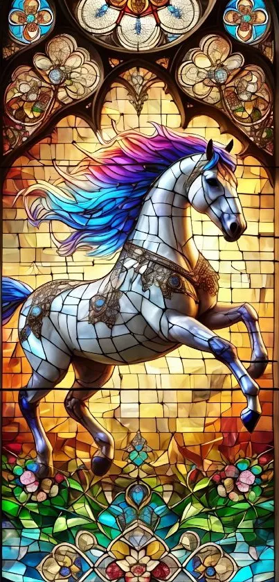 Stained glass artwork depicting a majestic horse.