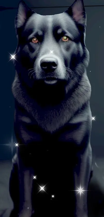 Majestic black dog under a starry sky wallpaper.