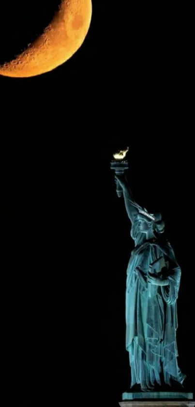 Statue of Liberty with crescent moon at night, mobile wallpaper.