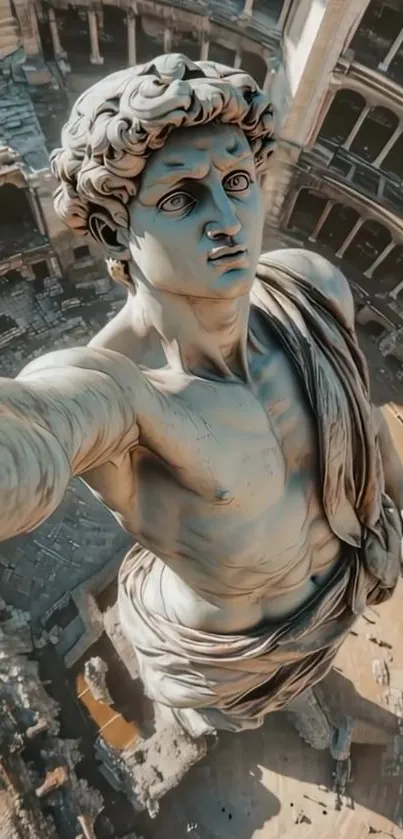 A monumental statue view in a historic arena setting with intricate architecture.