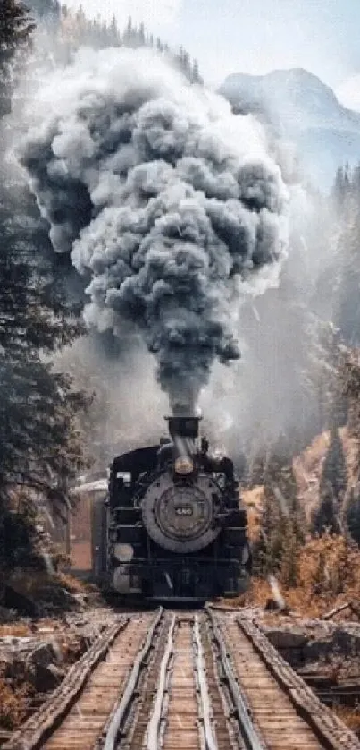 Vintage steam train in a scenic forest landscape mobile wallpaper.