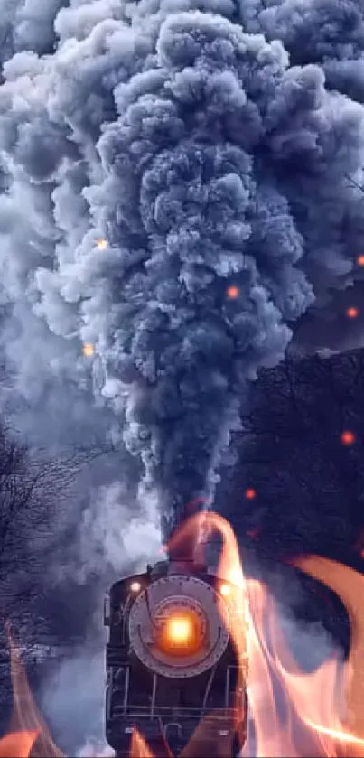 Majestic steam train with dark smoke in a scenic forest setting.