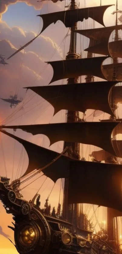 Steampunk airship sails majestically through the sky at sunset.