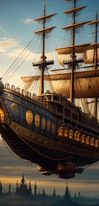 Steampunk airship sailing through a golden sky.