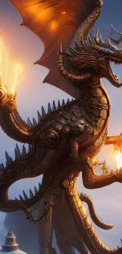 Steampunk dragon holds glowing lights against mountain backdrop.