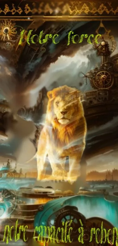 Majestic steampunk lion with gears and surreal landscape design.