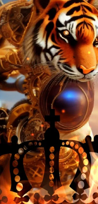 Steampunk tiger with gears and crown in vibrant colors.