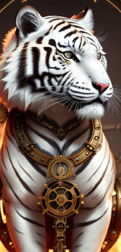 Majestic steampunk white tiger with gears and flames in digital art phone wallpaper.